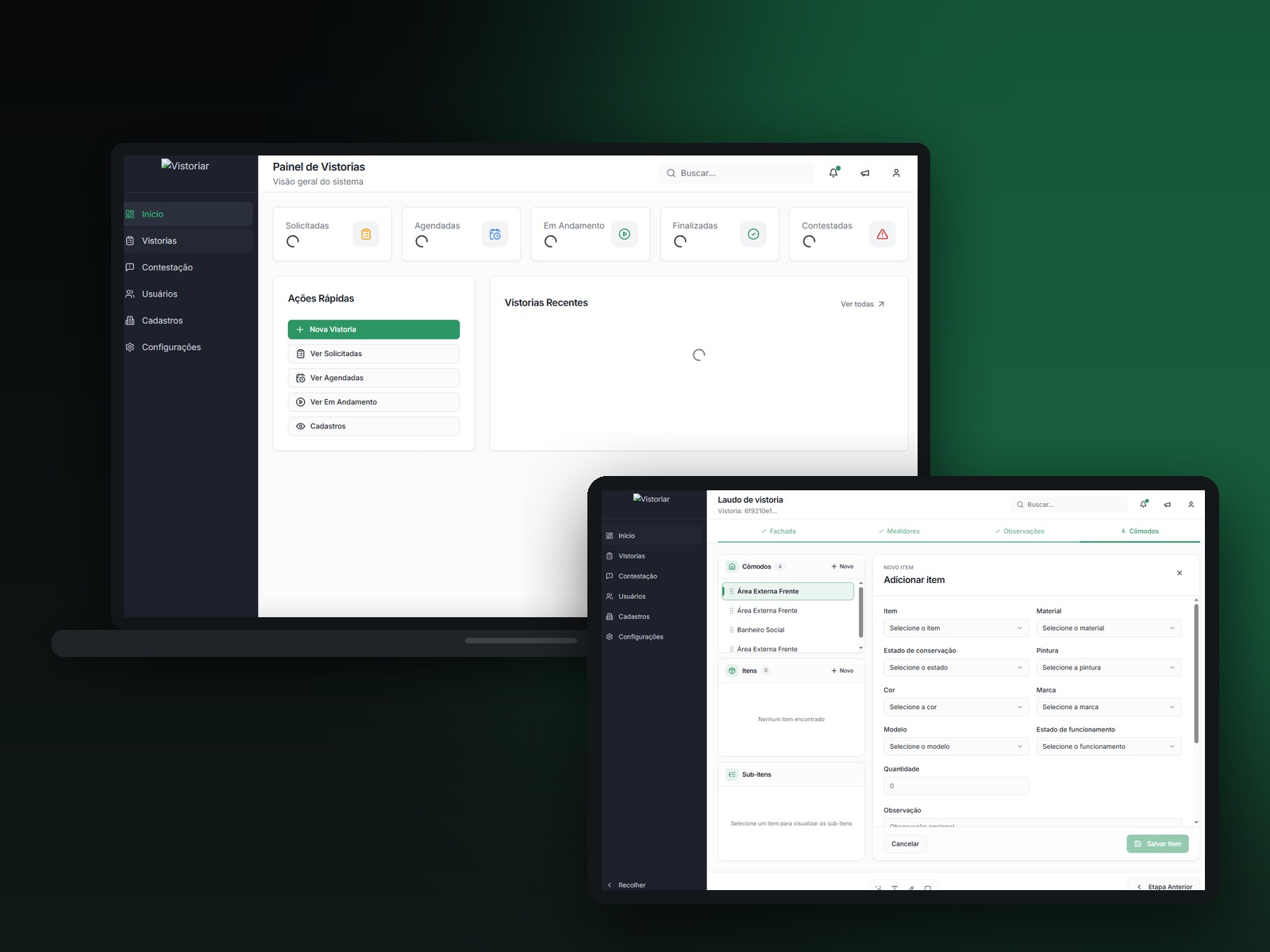 Telas reais do Sistema Vistoriar: painel de vistorias em notebook e laudo de vistoria por cômodos em tablet