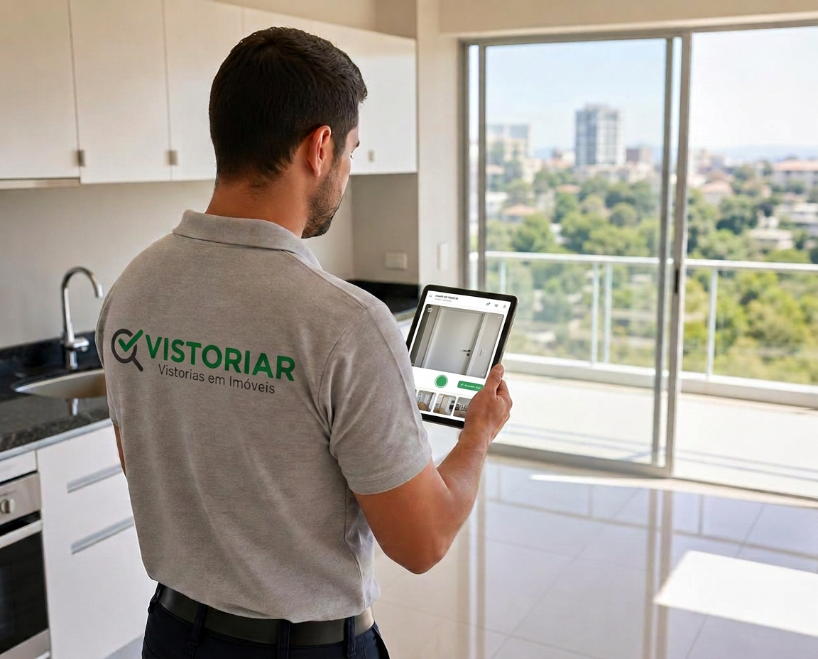 Vistoriador da Vistoriar realizando vistoria de imóvel com tablet